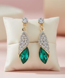 Emerald Green Crystal Drop Earrings - Gold Tone Marquise Dangle Jewelry