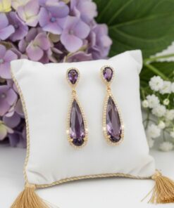 Luxury Purple Teardrop Crystal Earrings – Gold-Plated Long Drop Earrings for Women