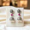Antique Silver Jhumka Earrings with Pink Stone & Pearl Drops