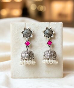 Antique Silver Jhumka Earrings with Pink Stone & Pearl Drops