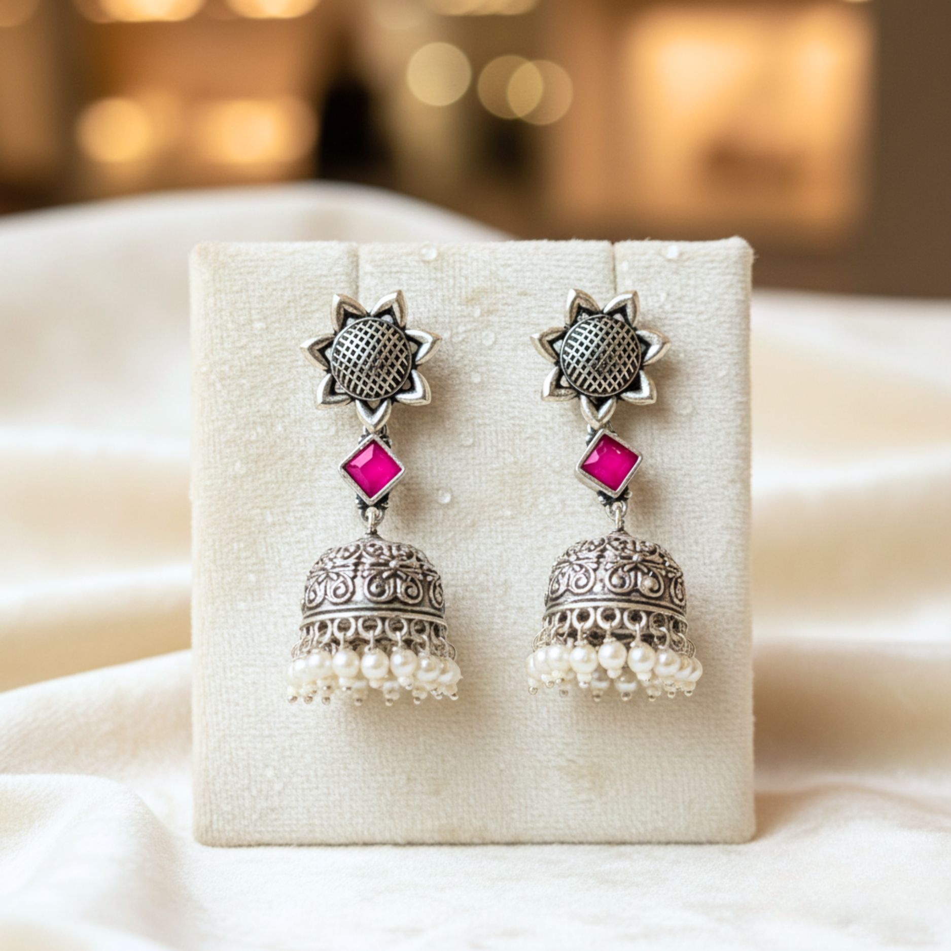Antique Silver Jhumka Earrings with Pink Stone & Pearl Drops