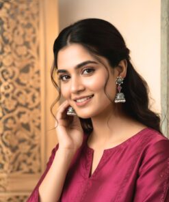 Antique Silver Jhumka Earrings with Pink Stone & Pearl Drops