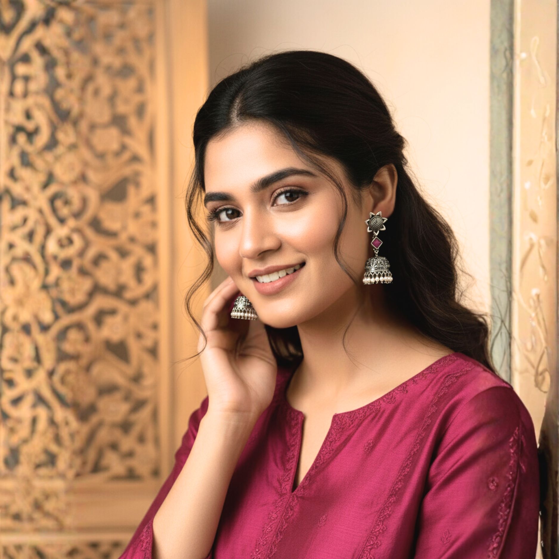 Antique Silver Jhumka Earrings with Pink Stone & Pearl Drops