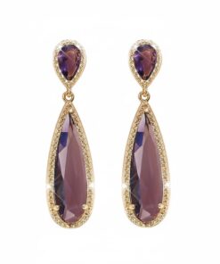 Luxury Purple Teardrop Crystal Earrings – Gold-Plated Long Drop Earrings for Women