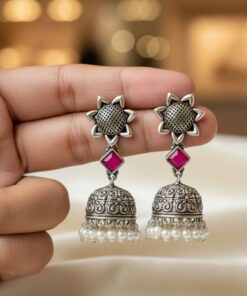 Antique Silver Jhumka Earrings with Pink Stone & Pearl Drops
