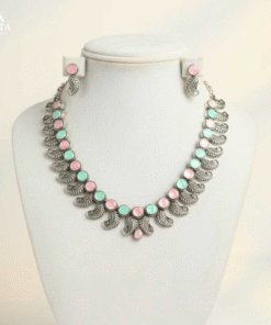 Elegant Silver Leaf Necklace Set with Mint & Pink Stones