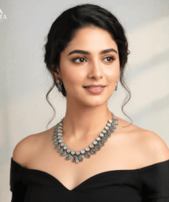 Elegant Silver Leaf Necklace Set with Mint & Pink Stones