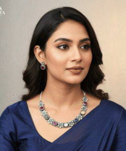 Colorful Stone Silver Necklace Set with Earrings | Antique Silver Finish