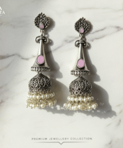 Silver Jhumka with Pink Stone & Pearl Drops