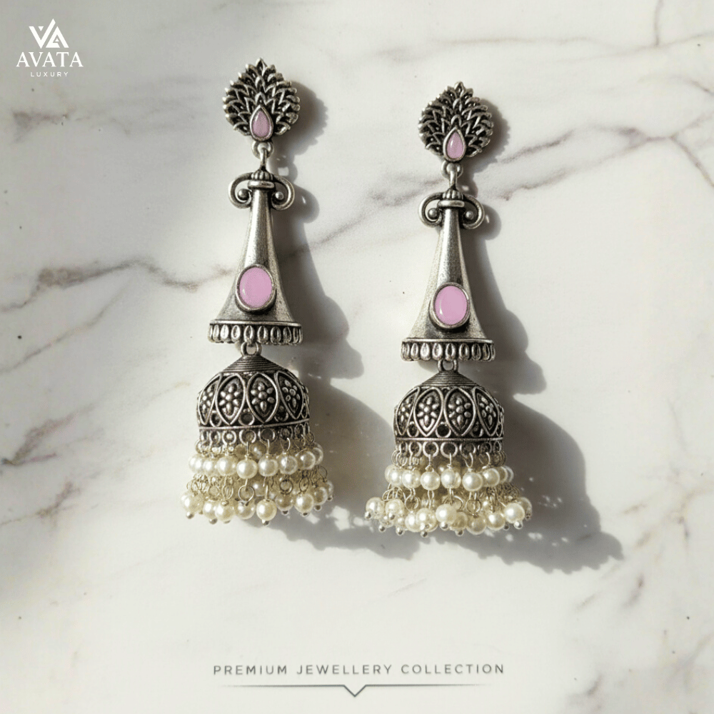 Silver Jhumka with Pink Stone & Pearl Drops