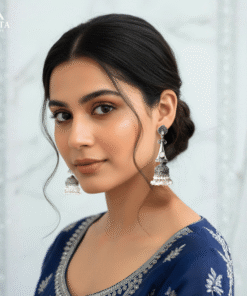 Silver Jhumka with Pink Stone & Pearl Drops