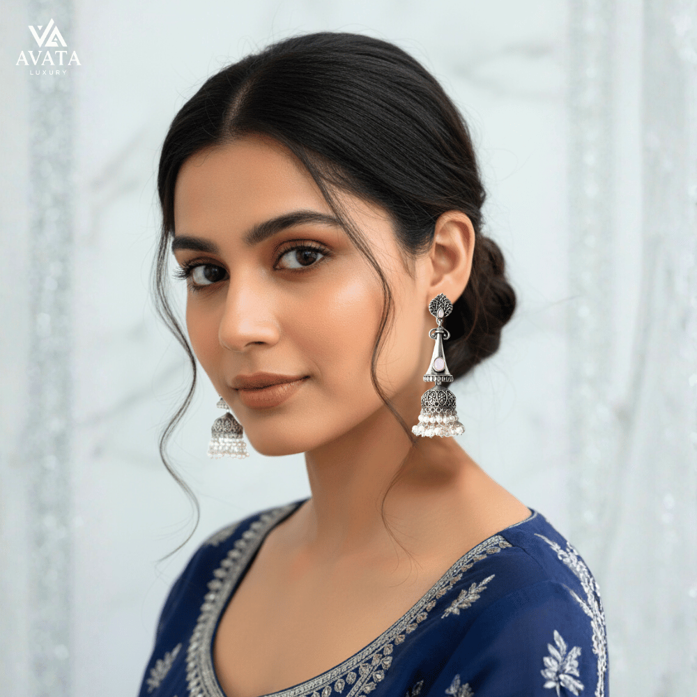 Silver Jhumka with Pink Stone & Pearl Drops