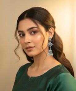 Oxidized Silver Link Jhumka Earrings with Green Stones & Pearl Drops