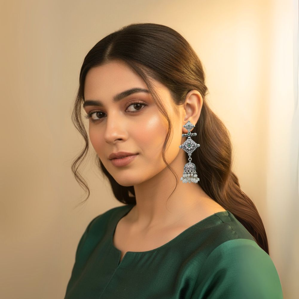 Oxidized Silver Link Jhumka Earrings with Green Stones & Pearl Drops