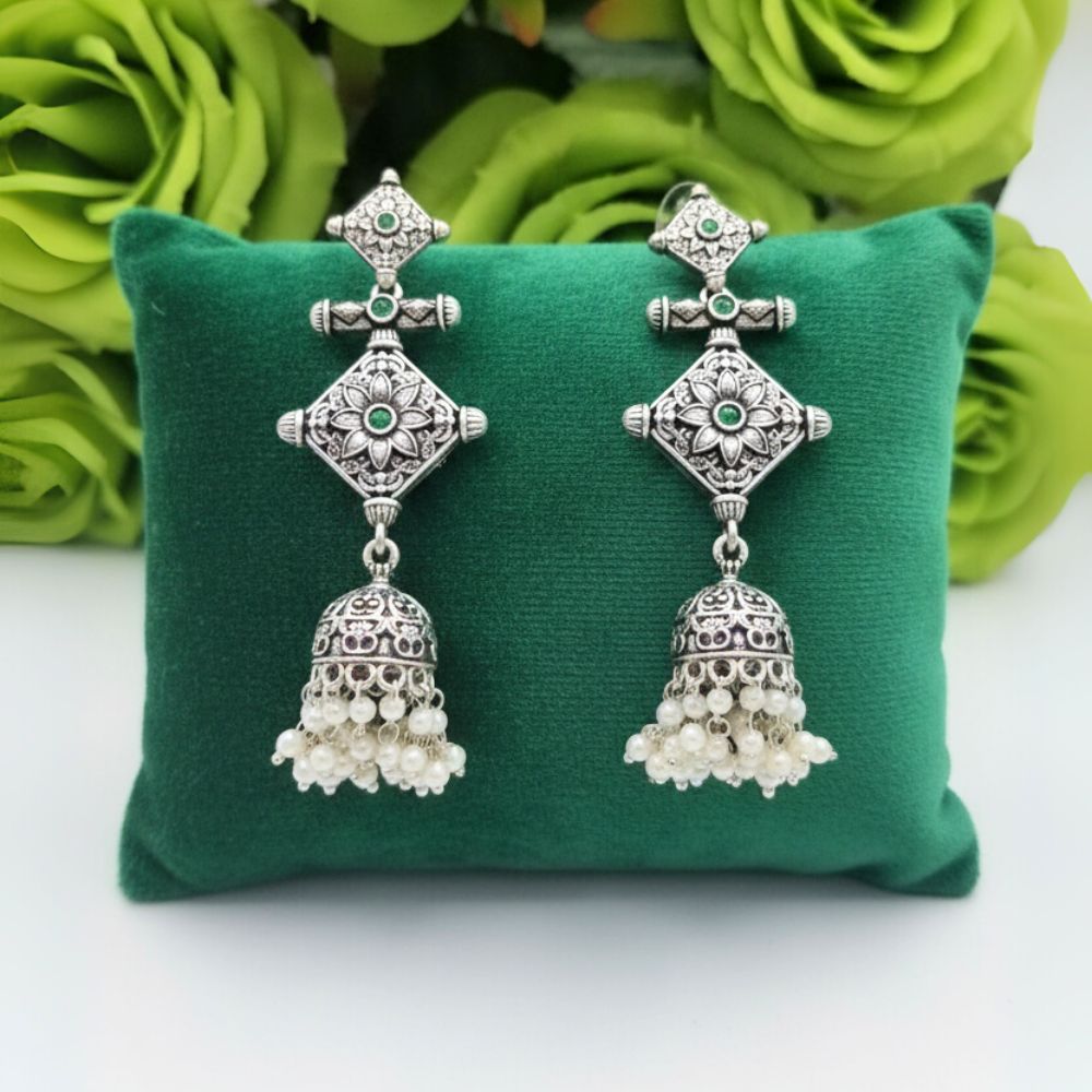 Oxidized Silver Link Jhumka Earrings with Green Stones & Pearl Drops