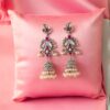 Grand Oxidized Silver Jhumka Earrings with Ruby Pink Stones and Pearl Drops