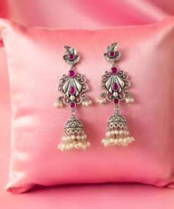 Grand Oxidized Silver Jhumka Earrings with Ruby Pink Stones and Pearl Drops