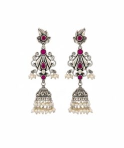 Grand Oxidized Silver Jhumka Earrings with Ruby Pink Stones and Pearl Drops