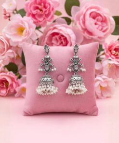 Oxidized Silver Dangler Jhumka Earrings with Pink Stone & Pearl Clusters