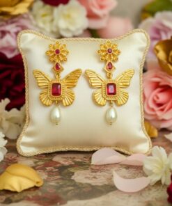 Gold Butterfly Ruby Stone Earrings with Pearl Drop | Premium Designer Ethnic Jewellery