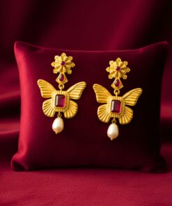 Gold Butterfly Ruby Stone Earrings with Pearl Drop | Premium Designer Ethnic Jewellery