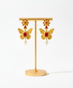 Gold Butterfly Ruby Stone Earrings with Pearl Drop | Premium Designer Ethnic Jewellery