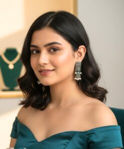 Oxidized Silver Rectangular Drop Earrings with Pink & Green Stones and Pearl Charms