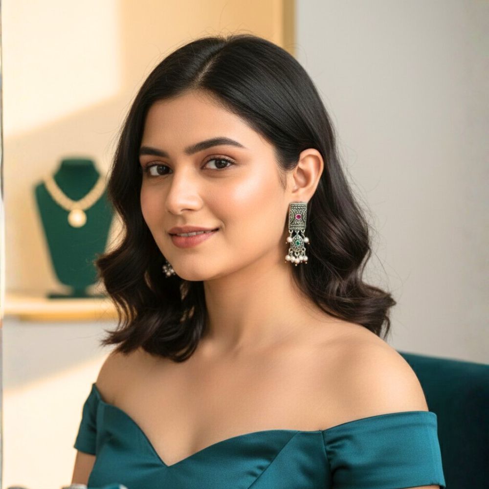 Oxidized Silver Rectangular Drop Earrings with Pink & Green Stones and Pearl Charms