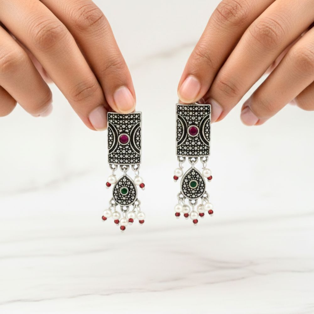 Oxidized Silver Rectangular Drop Earrings with Pink & Green Stones and Pearl Charms