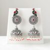 Handcrafted Oxidized Silver Peacock Jhumka Earrings with Enamel Work and Pearls