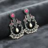 AVOAT Silver Chandbali Earrings for Girls, Peacock Dangler Earrings with Red Stone & Pearl Drops