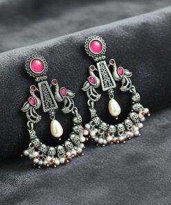 AVOAT Silver Chandbali Earrings for Girls, Peacock Dangler Earrings with Red Stone & Pearl Drops