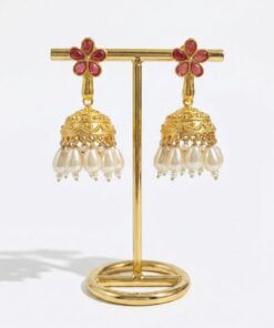 Golden Plated Floral Jhumka Earrings with Pearls – Elegant Traditional Ethnic Jewellery for Women