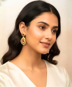 Gold Plated Ruby Red Stone Traditional Earrings with Pearl Drops